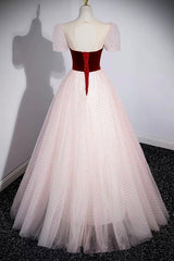 Cute Tulle Long Prom Dress Outfits For Women with Velvet, A-Line Short Sleeve Evening Dress