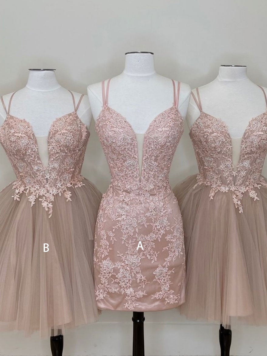 Cute tulle pink lace short prom Dress Outfits For Girls, cute lace homecoming dress