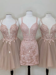 Cute tulle pink lace short prom Dress Outfits For Girls, cute lace homecoming dress