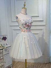 Cute Tulle Short Lace Applique Short Prom Dress Outfits For Girls, Tulle Puffy Homecoming Dress