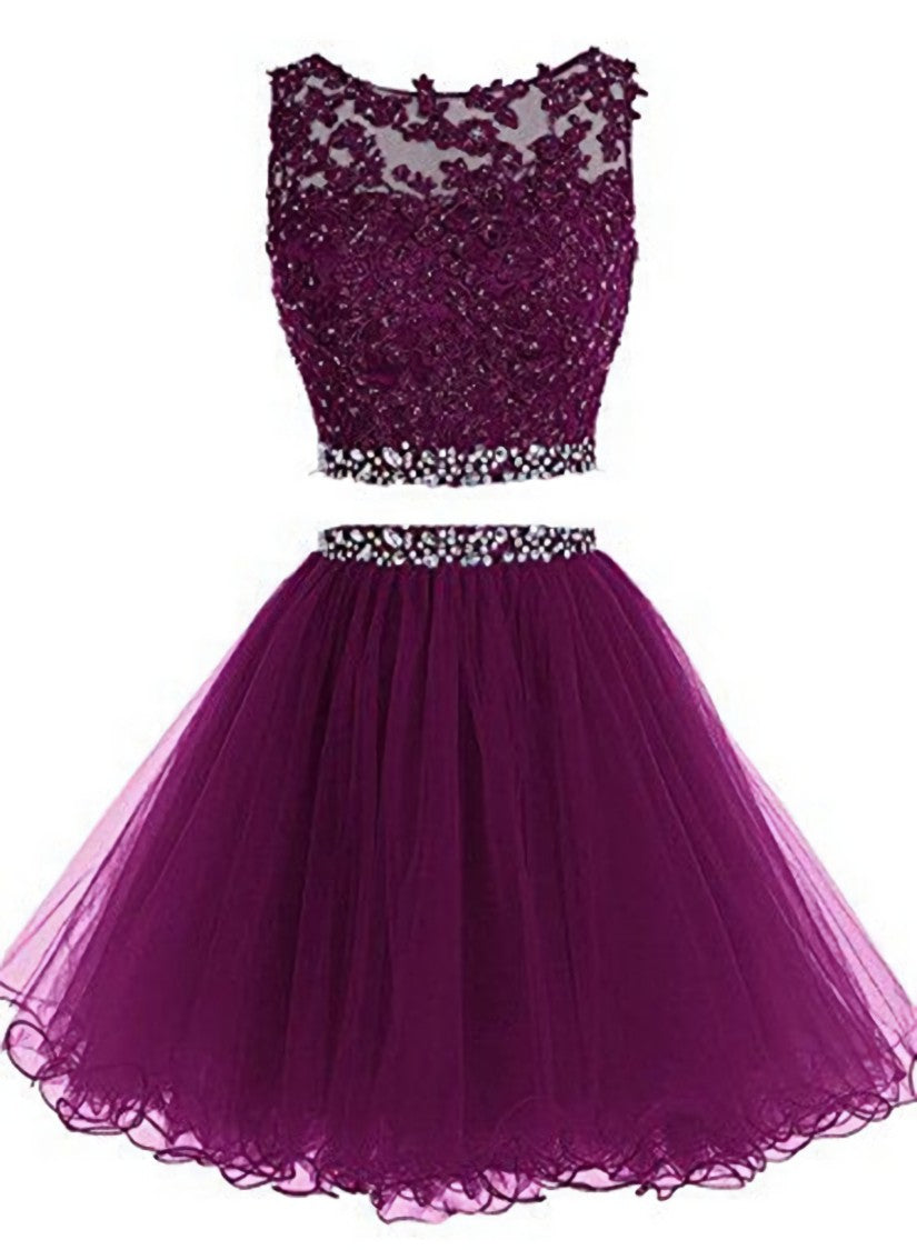 Cute Two Piece Tulle with Beadings Homecoming Dress Outfits For Girls, Lovely Formal Dress