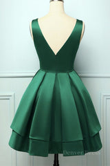 Cute V Neck and V Back Layered Green Short Prom Dress, Short Green Homecoming Dress, Green Formal Evening Dress