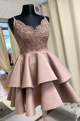 Cute V-Neck Lace Short Prom Dress Outfits For Girls, A-Line Spaghetti Straps Homecoming Dress