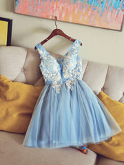 Cute V Neck Light Blue Tulle Lace Short Prom Dress Outfits For Women Blue Homecoming Dress
