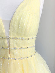 Cute Yellow V Neck Tulle Beads Short Prom Dress Outfits For Women Yellow Homecoming Dress