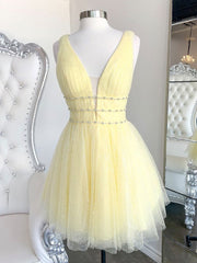 Cute Yellow V Neck Tulle Beads Short Prom Dress Outfits For Women Yellow Homecoming Dress