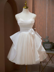 Champagne Spaghetti Strap Tulle Party Dress, Cute Knee Length Prom Dress