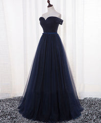 Dark Blue A Line Tulle Long Prom Dress Outfits For Girls, Evening Dress