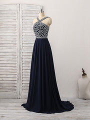 Dark Blue Chiffon Beads Long Prom Dress Outfits For Girls, Blue Evening Dress