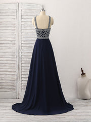 Dark Blue Chiffon Beads Long Prom Dress Outfits For Girls, Blue Evening Dress