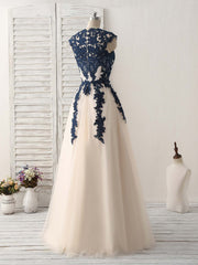 Dark Blue Lace Applique Tulle Long Prom Dress Outfits For Women Blue Bridesmaid Dress