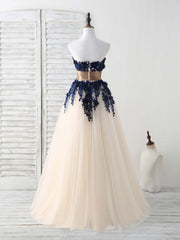 Dark Blue Lace Applique Tulle Long Prom Dress Outfits For Women Blue Bridesmaid Dress