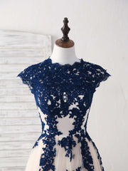 Dark Blue Lace Tulle High Low Prom Dress Outfits For Women Blue Bridesmaid Dress