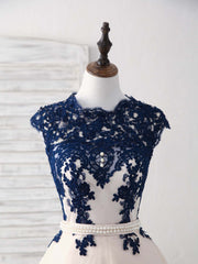 Dark Blue Lace Tulle Short Prom Dress Outfits For Women Blue Bridesmaid Dress