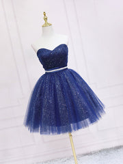Dark Blue Sweetheart Neck Tulle Sequin Short Prom Dress Outfits For Women Blue Puffy Homecoming Dress