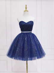 Dark Blue Sweetheart Neck Tulle Sequin Short Prom Dress Outfits For Women Blue Puffy Homecoming Dress
