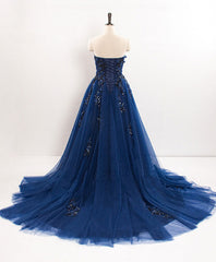 Dark Blue Sweetheart Tulle Lace Long Prom Dress Outfits For Women Blue Tulle Evening Dress