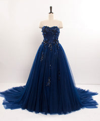 Dark Blue Sweetheart Tulle Lace Long Prom Dress Outfits For Women Blue Tulle Evening Dress