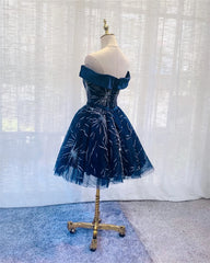 Dark Blue Tulle Off Shoulder Knee Length Party Dress Outfits For Girls, Blue Homecoming Dresses