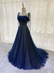 Dark Blue Tulle Sequin Long Prom Dress Outfits For Girls, Blue Tulle Formal Dress