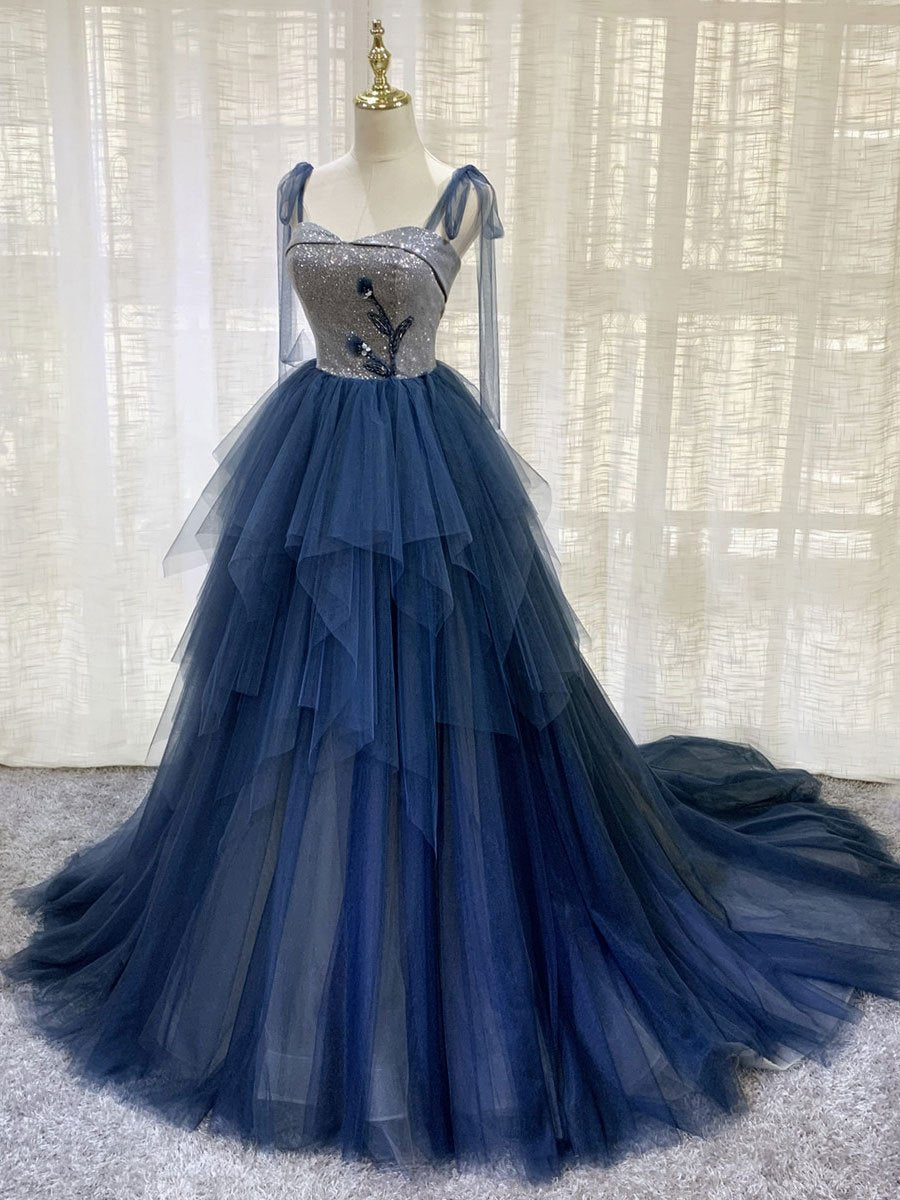 Dark blue Tulle Tiered Long Prom Dress Outfits For Girls,Elegant Formal Dress