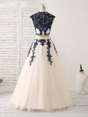 Dark Blue Two Pieces Lace Tulle Long Prom Dress Outfits For Women Blue Evening Dress