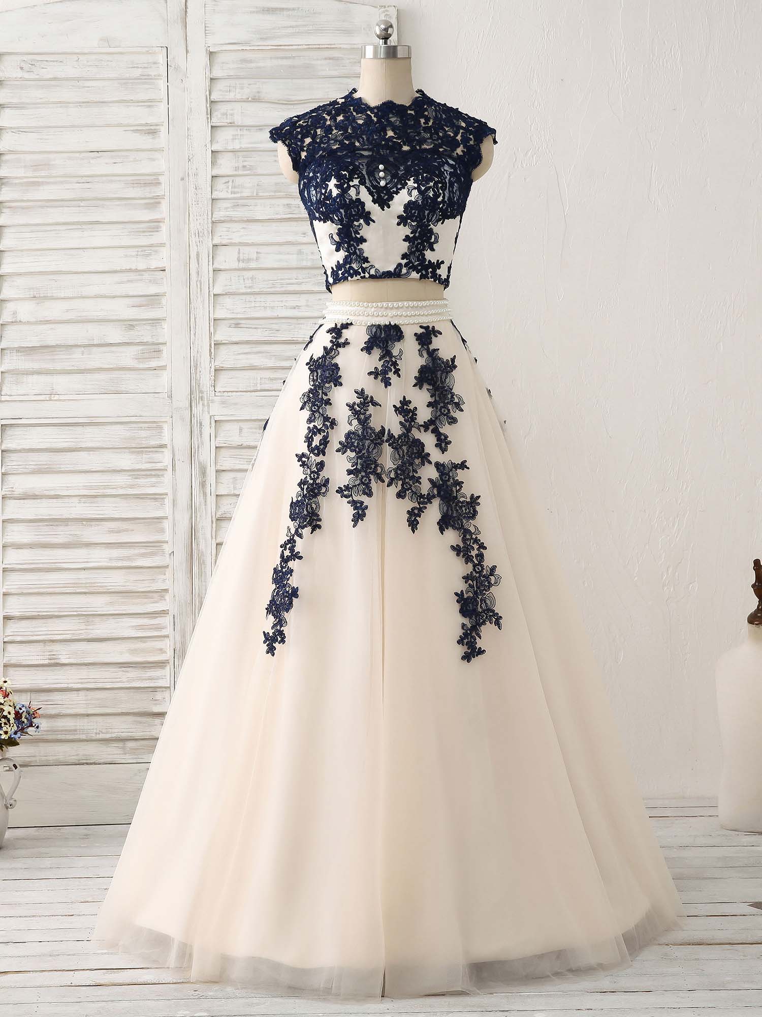 Dark Blue Two Pieces Lace Tulle Long Prom Dress Outfits For Women Blue Evening Dress