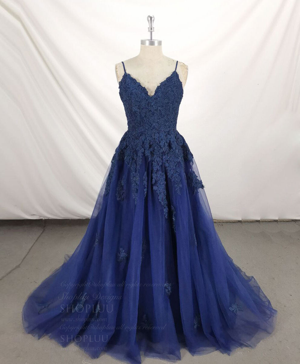 Dark Blue V Neck Tulle Lace Long Prom Dress Outfits For Women Blue Lace Bridesmaid Dress