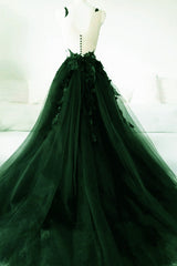 Dark Green A-Line Open Back Tulle Lace Floral Formal Dress Outfits For Girls, Green Long Prom Dress