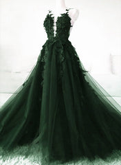 Dark Green A-Line Open Back Tulle Lace Floral Formal Dress Outfits For Girls, Green Long Prom Dress