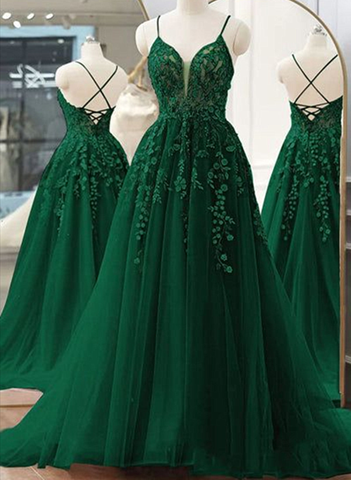 Dark Green A-line V-neckline Tulle and Lace Party Dress Outfits For Girls, Green Long Prom Dress