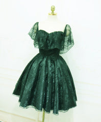 Dark Green Lace Off Shoulder Short Party Dress Outfits For Girls, Lace Homecoming Dress