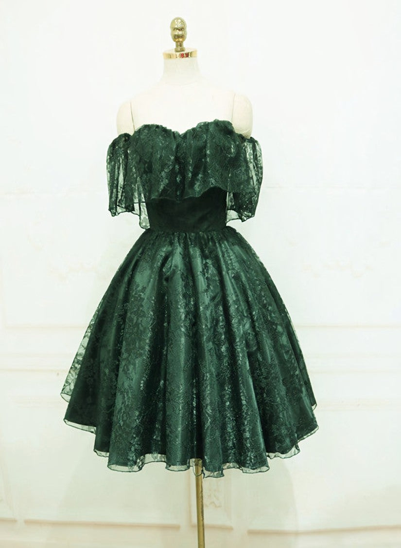Dark Green Lace Off Shoulder Short Party Dress Outfits For Girls, Lace Homecoming Dress