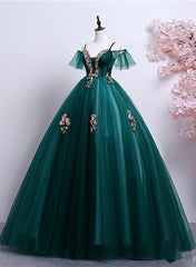 Dark Green Off Shoulder Tulle Party Dress Outfits For Women with Lace, Green Formal Dress Outfits For Women Prom Dress