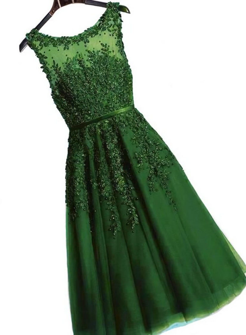 Dark Green Round Neckline Tea Length Lace Party Dress Outfits For Girls, Wedding Party Dress
