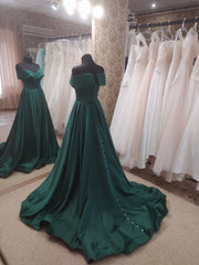 Dark Green Satin Off Shoulder Long Formal Dress Outfits For Women with Slit, Long Evening Dresses