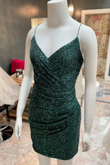 Dark Green Sequin Spaghetti Straps Ruched Cocktail Dress Outfits For Girls,Mini Prom Dresses