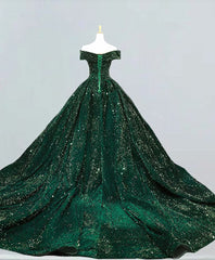 Dark Green Sequins Off Shoulder Ball Gown Sweet 16 Dress Outfits For Girls, Dark Green Prom Dress