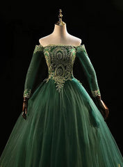 Dark Green Sleeves with Gold Lace Sweet 16 Dress Outfits For Girls, Dark Green Long Formal Dress