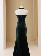 Dark Green Velvet Long Evening Dress Outfits For Women Party Dress Outfits For Girls, A-line Green Bridesmaid Dress