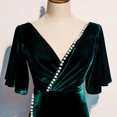 Dark Green Velvet Mermaid Slit V-neckline Formal Dress Outfits For Women Party Dress Outfits For Girls, Long Evening Dresses