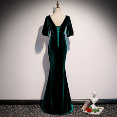 Dark Green Velvet Mermaid Slit V-neckline Formal Dress Outfits For Women Party Dress Outfits For Girls, Long Evening Dresses