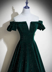 Dark Green Velvet Off Shoulder Long Party Dress Outfits For Girls, Green A-line Prom Dress