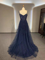 Dark Navy Blue Long Lace Prom Dresses For Black girls For Women, Dark Navy Blue Long Lace Formal Evening Dresses