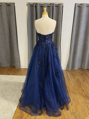Dark Navy Long A-line Tulle Lace Backless Formal Prom Dresses