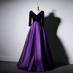 Dark Purple Long Sleeves V-neckline Velvet and satin Long Party Dress Outfits For Girls, Long Evening Dress Outfits For Women Prom Dress