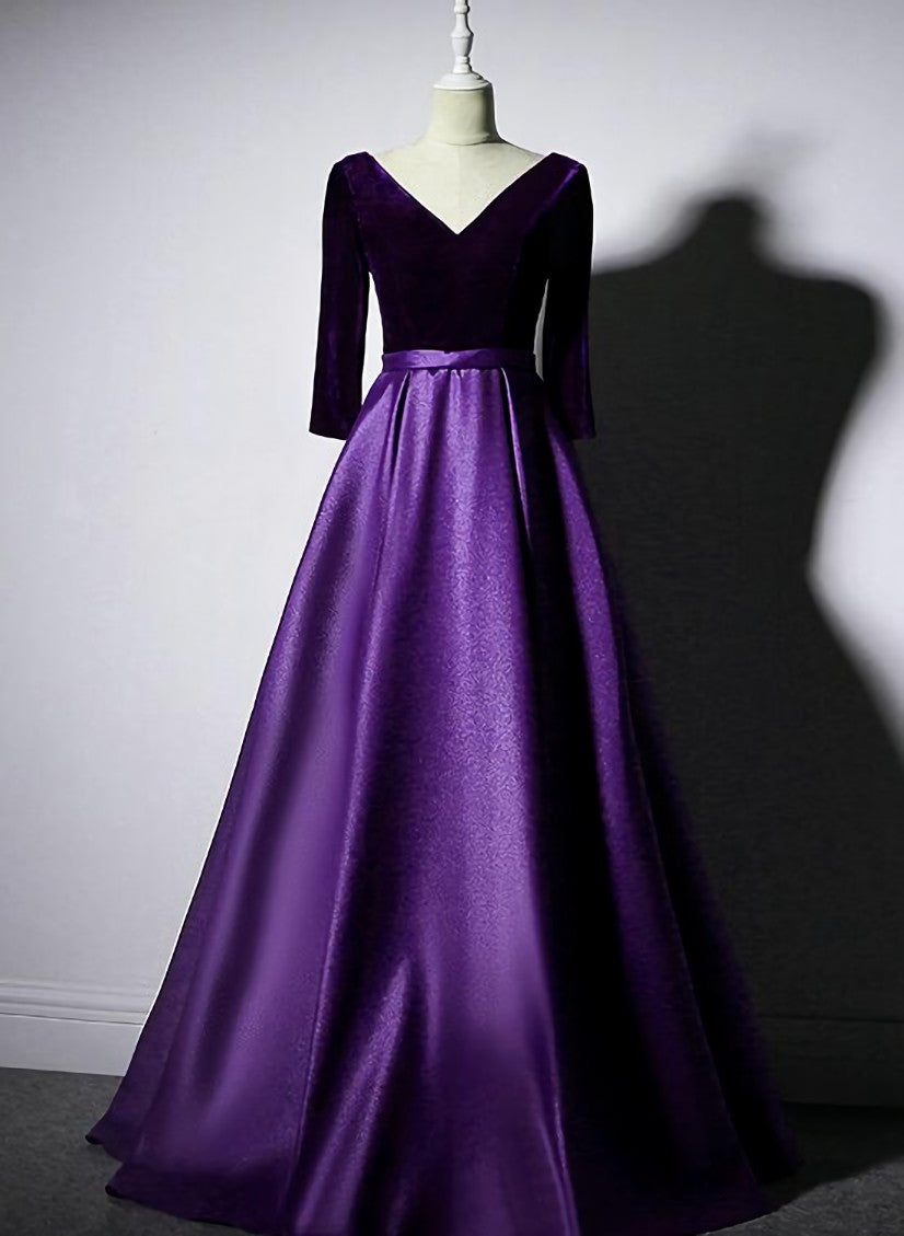 Dark Purple Long Sleeves V-neckline Velvet and satin Long Party Dress Outfits For Girls, Long Evening Dress Outfits For Women Prom Dress