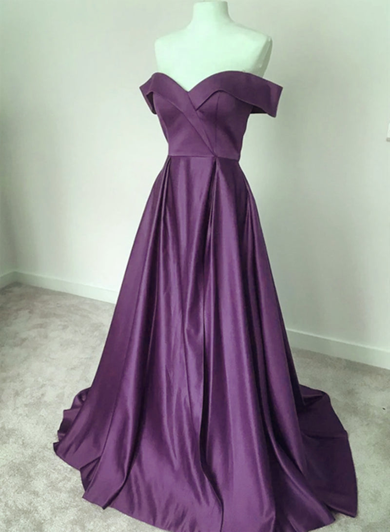 Dark Purple Satin Off Shoulder Long Formal Dress Outfits For Girls, Purple Evening Dress Outfits For Women Prom Dress