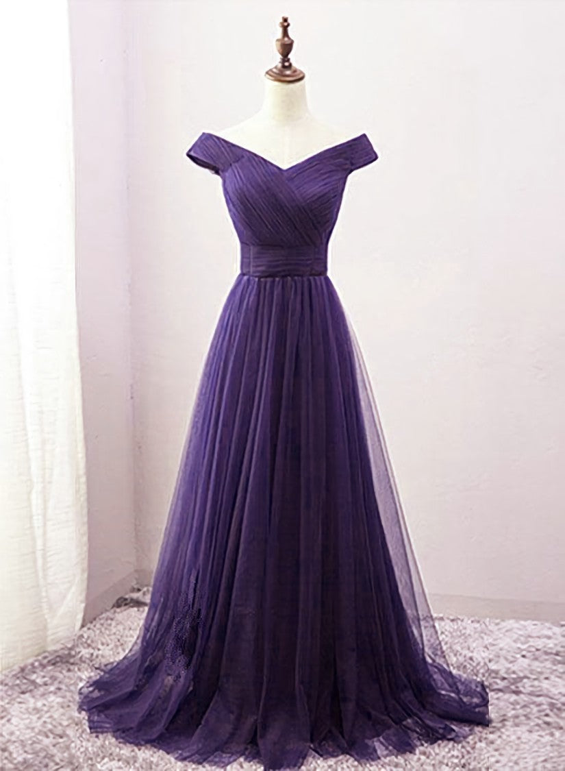 Dark Purple Sweetheart Tulle Off Shoulder Bridesmaid Dress Outfits For Girls, Long Prom Dress