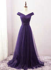 Dark Purple Sweetheart Tulle Off Shoulder Bridesmaid Dress Outfits For Girls, Long Prom Dress